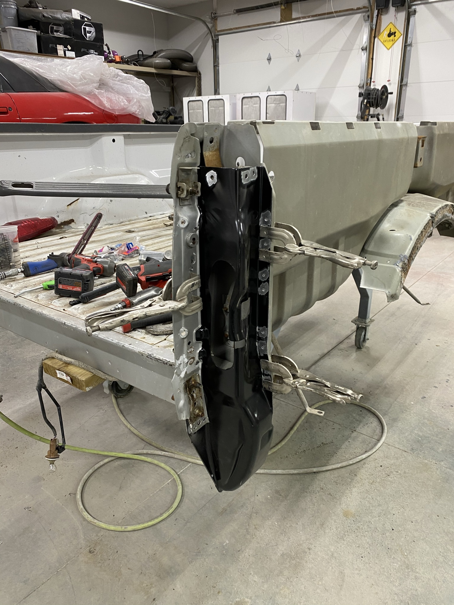 Truck box-side structural repair in progress